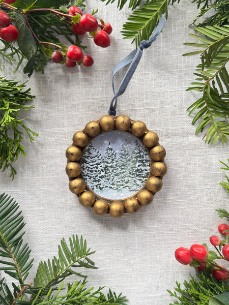snowy pines framed ornaments