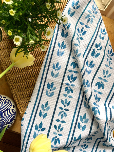 blue block print waffle weave  kitchen towel