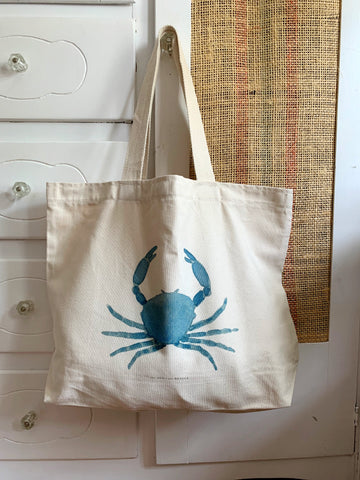 blue crab large canvas market tote bag