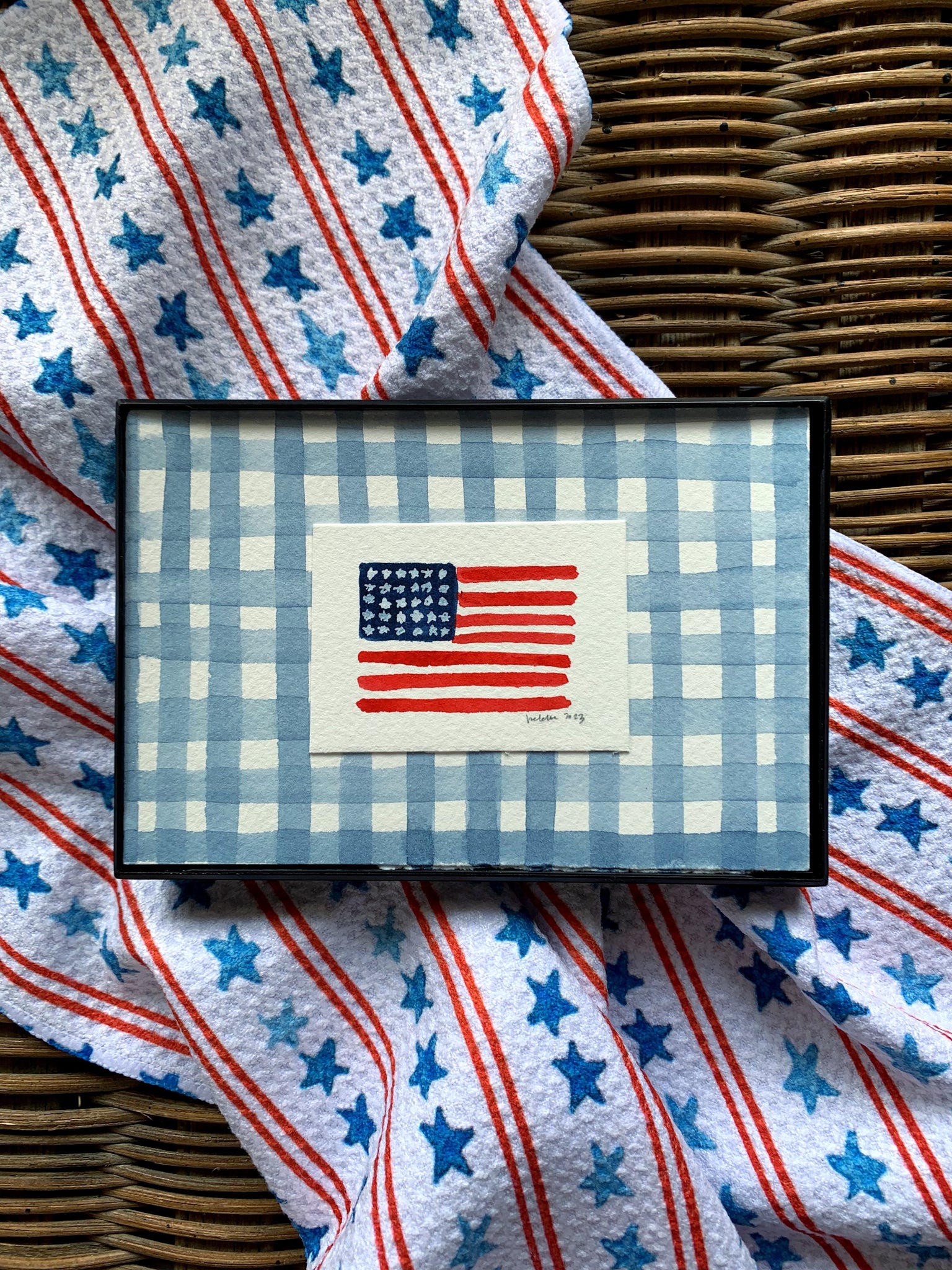 american flag on denim blue gingham || 4x6 or 5x7 framed original painting