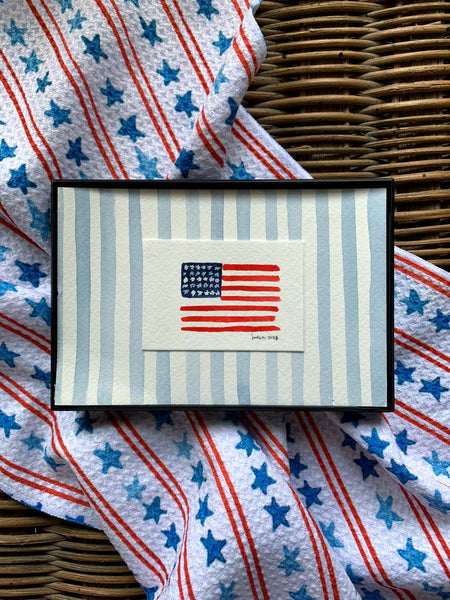 american flag on denim blue stripe || 4x6 or 5x7 framed original painting