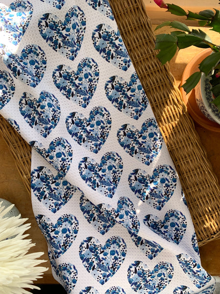 navy floral heart kitchen towel