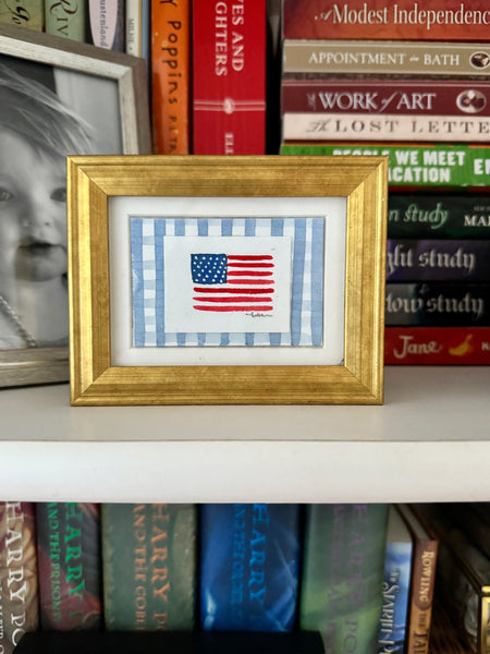 american flag on denim blue gingham || mini framed original painting