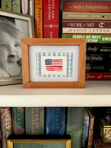 american flag on denim blue gingham || mini framed original painting