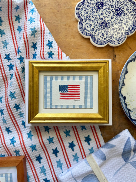 american flag on denim blue gingham || mini framed original painting