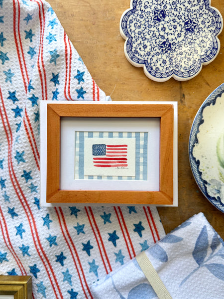 american flag on denim blue gingham || mini framed original painting