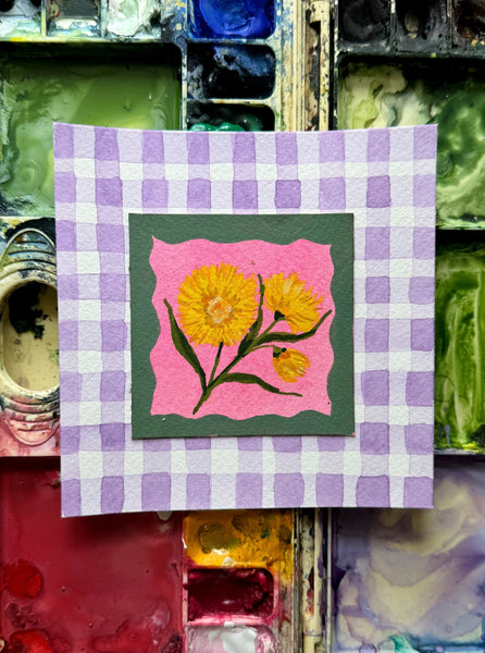 yellow flowers on lavender gingham original gouache painting