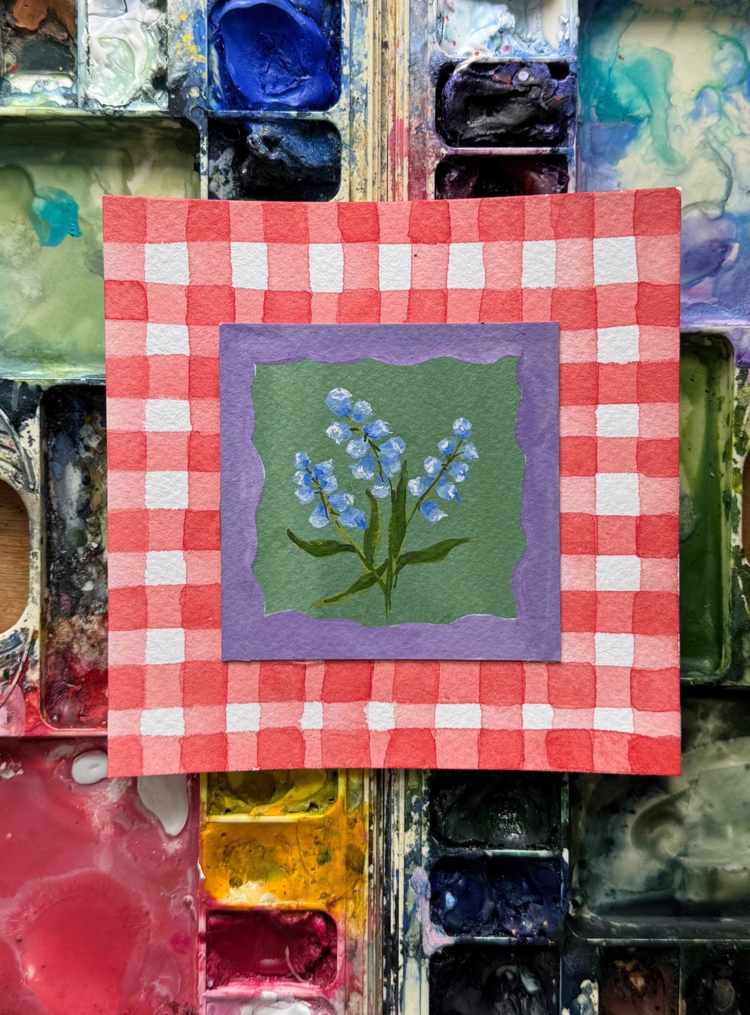 bluebonnets on red gingham original gouache painting