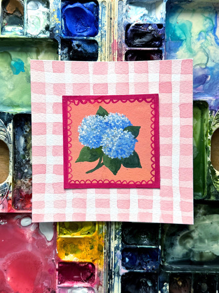 blue hydrangeas on pink gingham original gouache painting