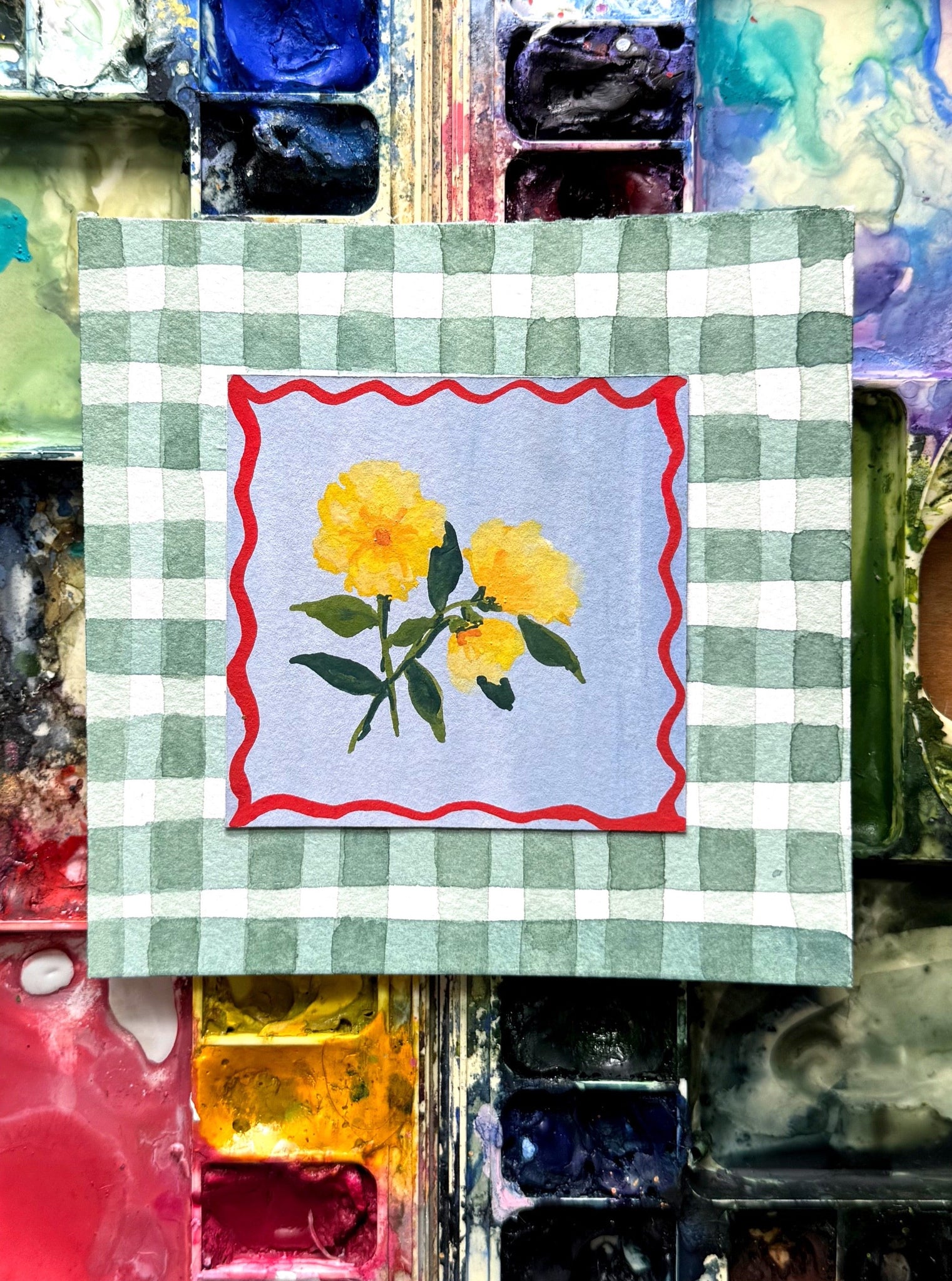 yellow flowers on green gingham original gouache painting