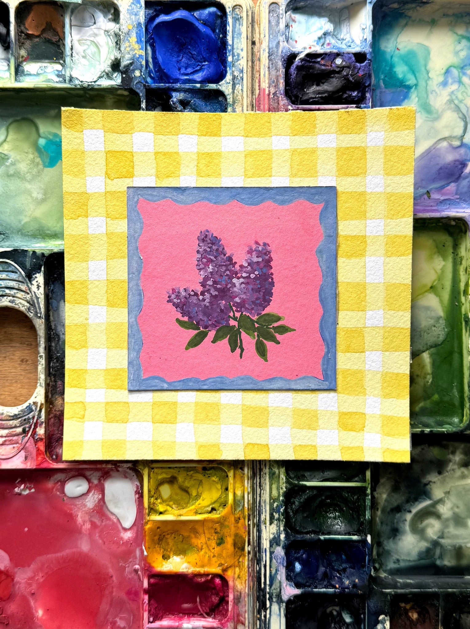 purple lilacs on yellow gingham original gouache painting