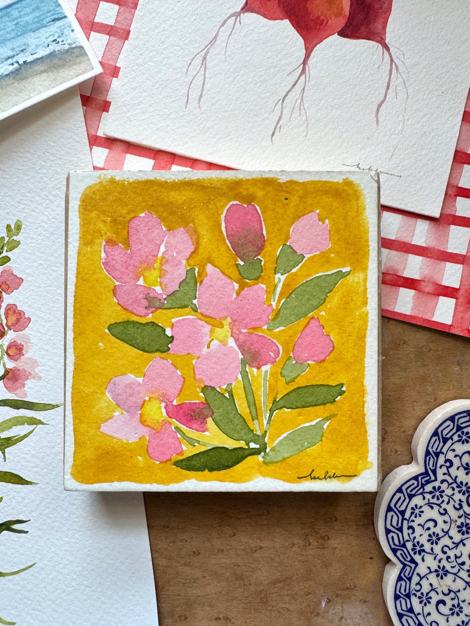 pink flowers on mustard yellow original painting