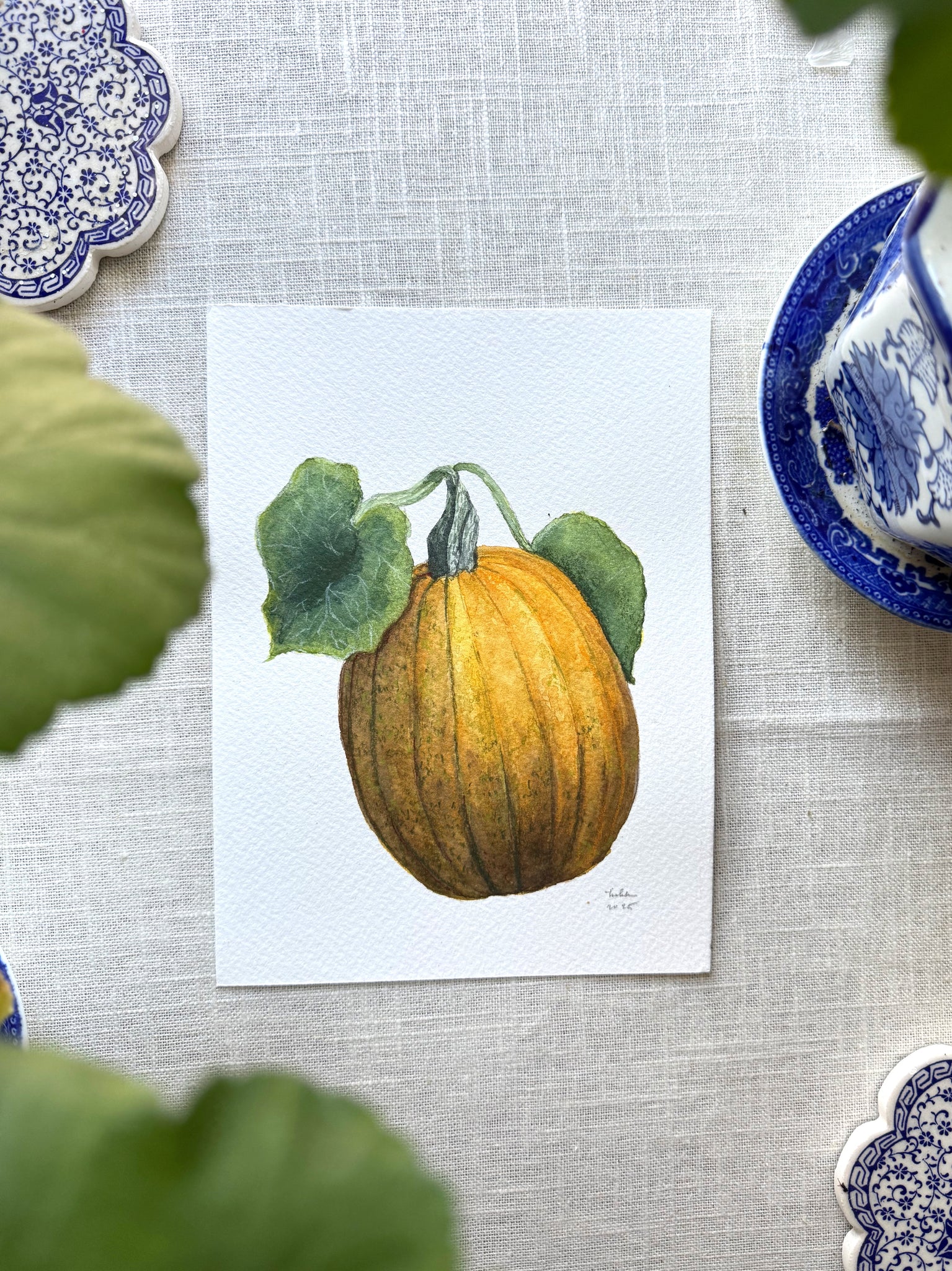 orange pumpkin on the vine || original painting