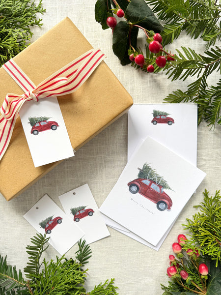 red car with  tree greeting card set