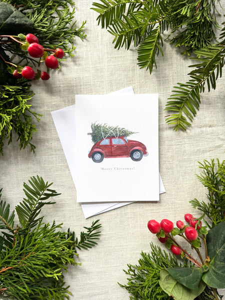 red car with  tree greeting card set