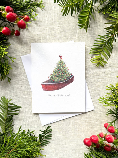 red boat with christmas tree greeting card set
