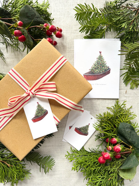 red boat with christmas tree greeting card set