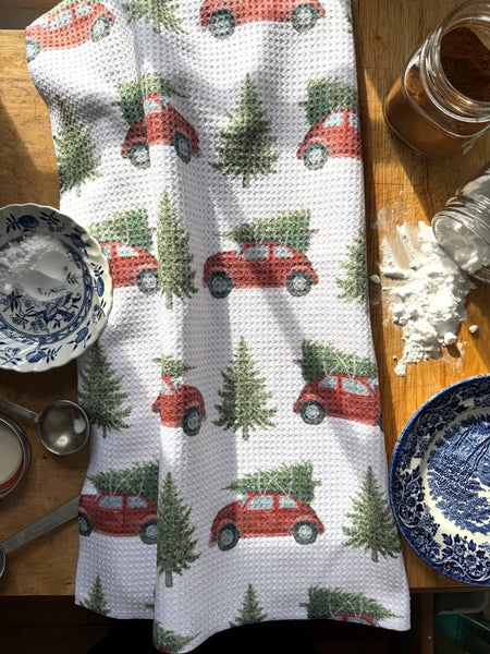 red car with tree kitchen towel