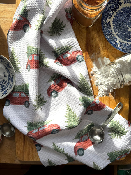 red car with tree kitchen towel