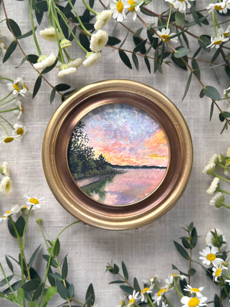 sunrise at the lake cottage  || mini framed original gouache painting