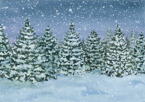 snowy pines at night art print