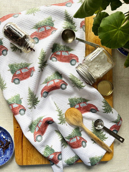 red car with tree kitchen towel