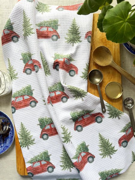 red car with tree kitchen towel
