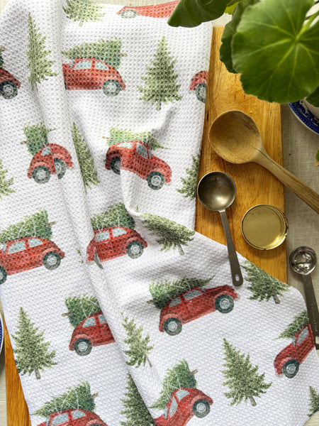 red car with tree kitchen towel