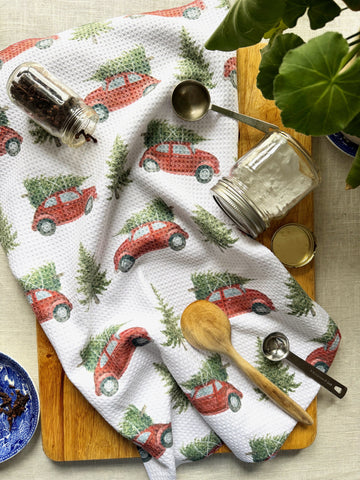 red car with tree kitchen towel