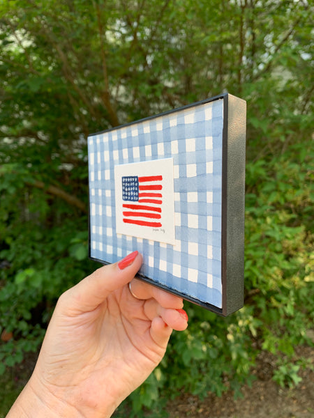 american flag on denim blue gingham || 4x6 or 5x7 framed original painting