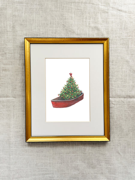 boat with christmas tree art print
