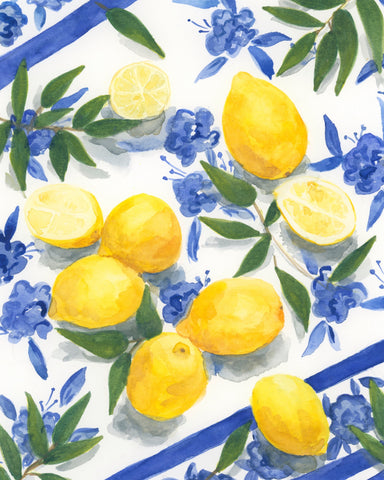 lemons on tablecloth || art print