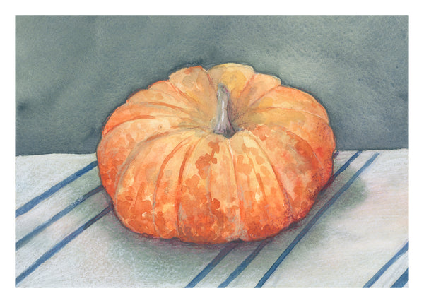 orange pumpkin on blue still life || art print