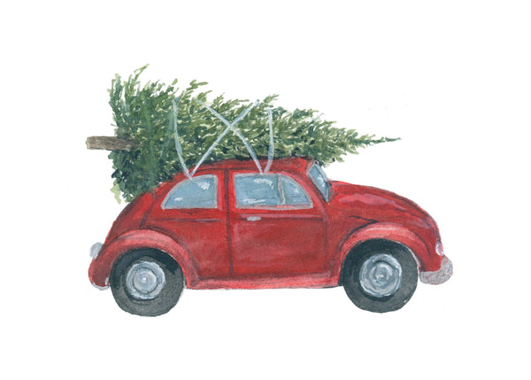 red car with tree art print