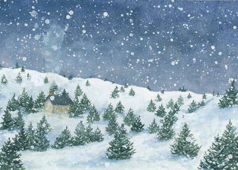 snowy cottage art print