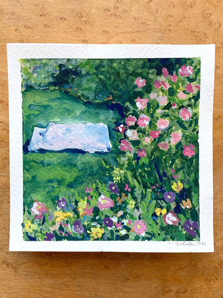 shaded picnic || 4x4 original watercolor painting