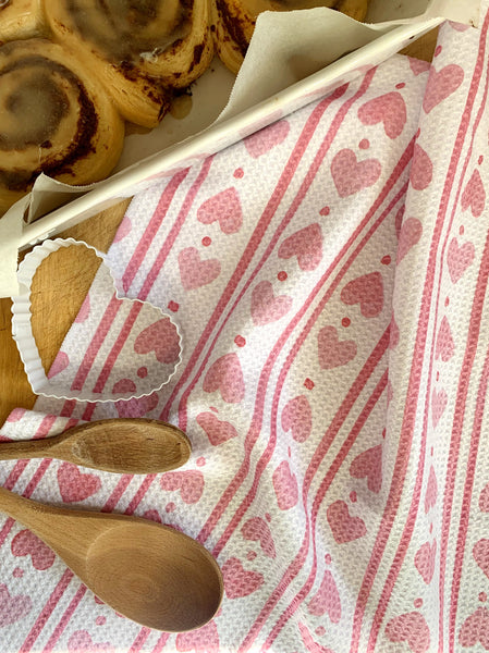 pink heart block print kitchen towel