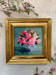 bowl full of camellias || 5x5 framed original painting