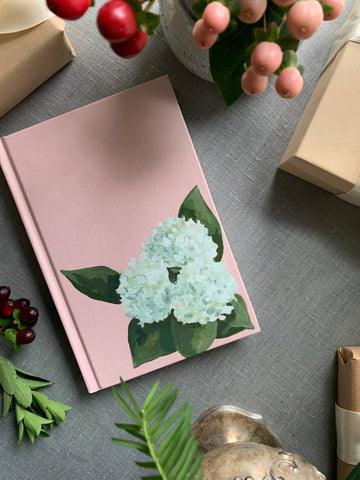 white hydrangeas on pink hand painted blank journal