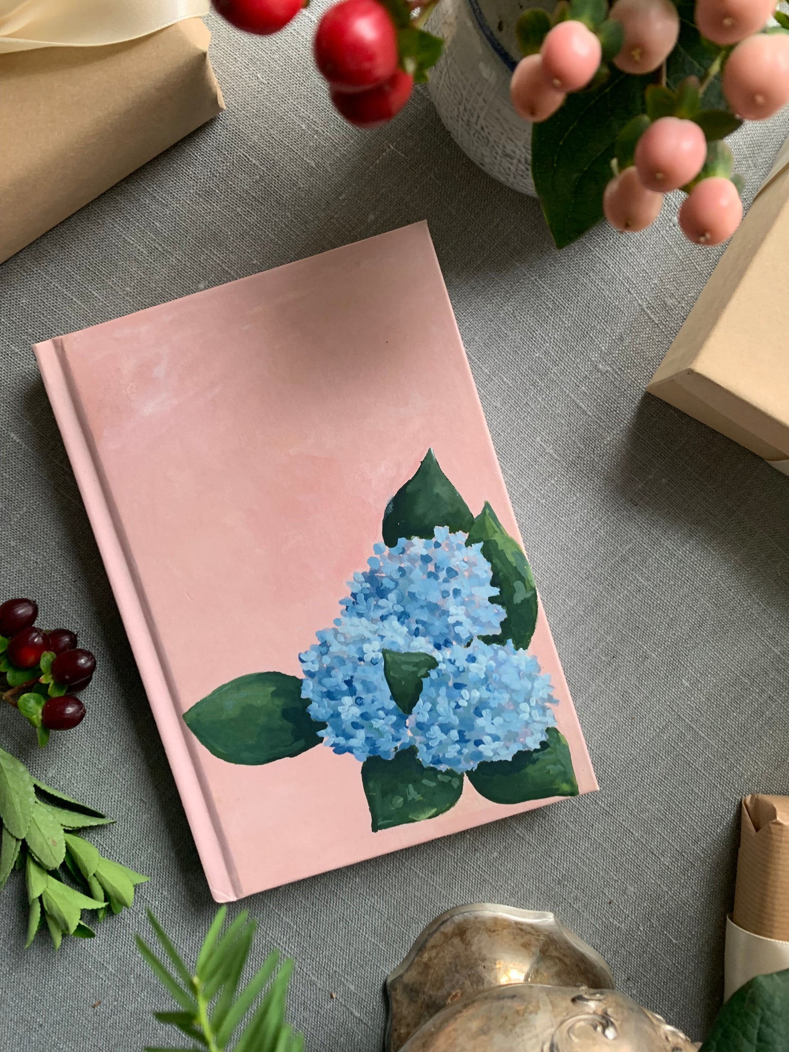 blue hydrangeas on pink hand painted blank journal