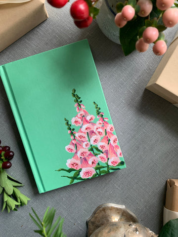 hollyhocks on green hand painted blank journal