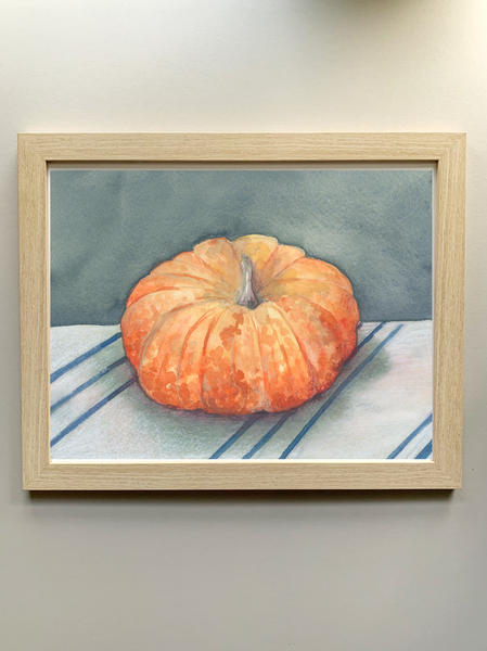 orange pumpkin on blue still life || art print